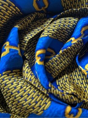 Blue and Yellow chain pattern Printed Silk Scarf 7“ x 73“